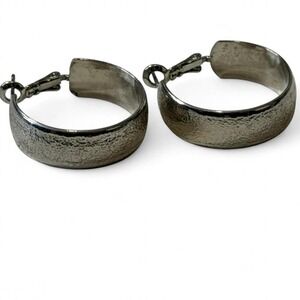 Silver Tone Textured Wide Band Hoop Earrings